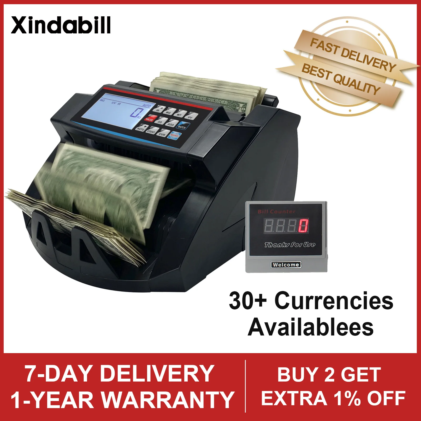 2100D Money Counting Machine Multi-currency Bank Cash Bill Counter Detector with Calculator