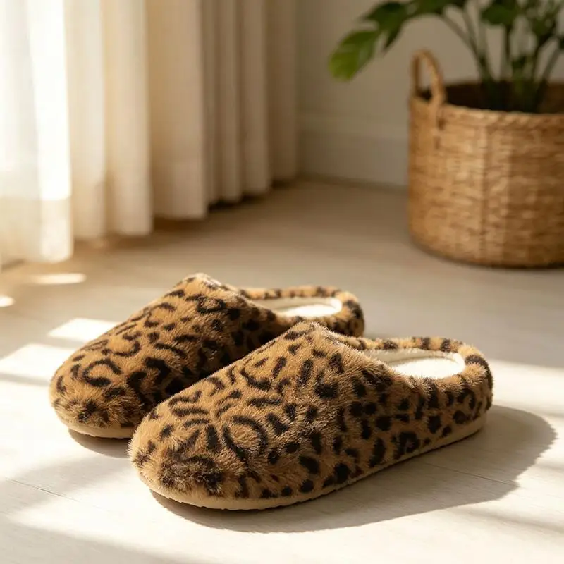 Modische Leoparden-Kunstfell-Hausschuhe für Damen Winter 2026 Weiche Flache Sohle Warme Plüsch-Hausschuhe Übergrößen Damen Flauschige Pantoletten – Detail 11