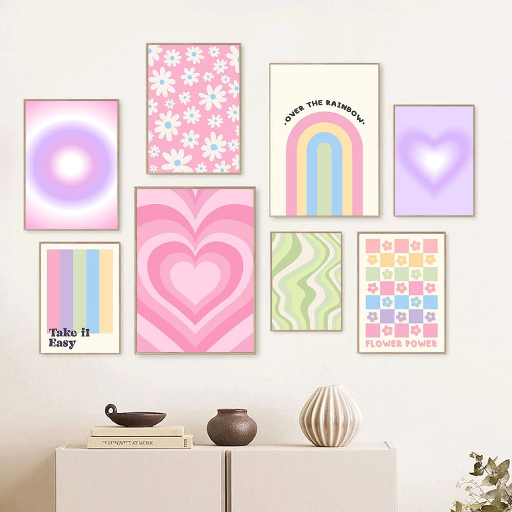 

Purple Pink Angel Flower Heart Rainbow Posters Wall Art Canvas Painting Abstract Print Pictures Nordic Poster Living Room Decor