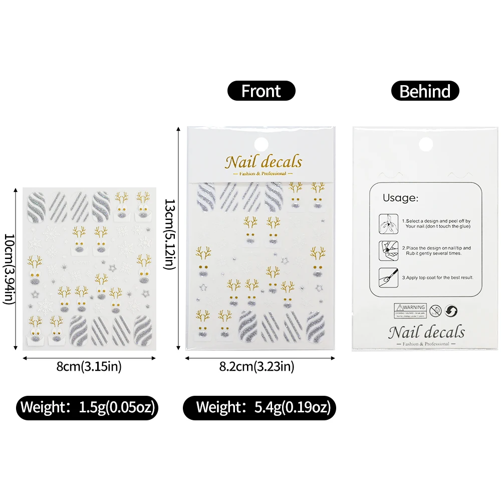 1 szt. Naklejki na paznokcie 3D w kształcie złotego łosia, świąteczne, brokatowe płatki śniegu, Święty Mikołaj, zimowe, śnieżne naklejki samoprzylepne, urocze naklejki noworoczne