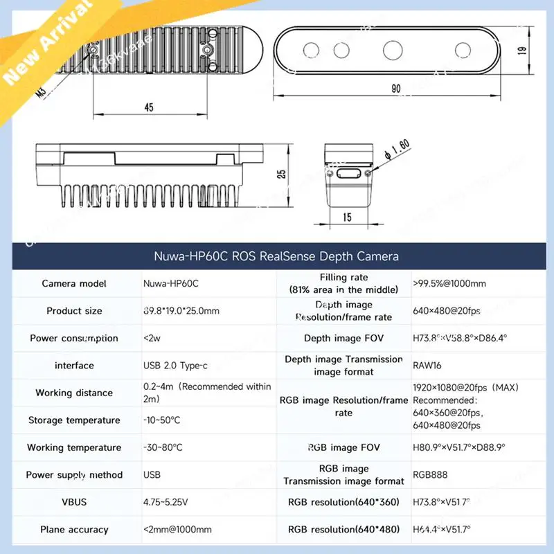 

M01K 3D Электронный модуль датчика глубины камеры FOV 73.8 ° Поддержка ROS1 ROS2 для робота Jetson Raspberry Pi