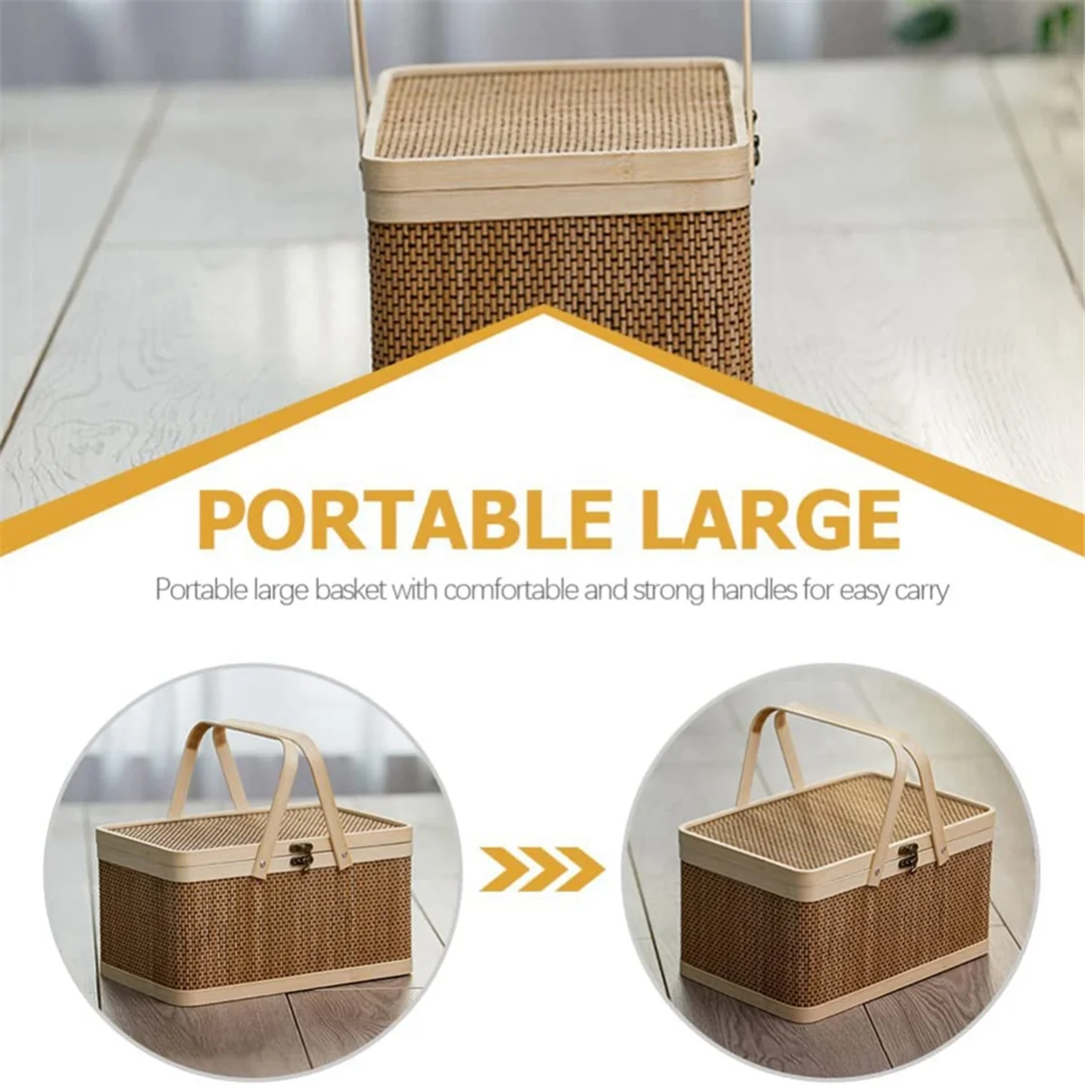 Bamboo Basket Natural -Friendly Woven Basket Bamboo Picnic Basket with Lid Handheld Snacks Bread Storage Basket