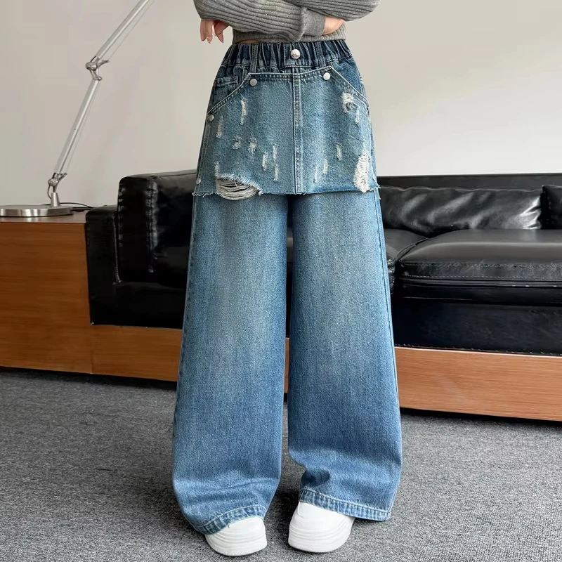 New Style Girls Autumn Straight Leg Jeans Spring Children Detachable Flounce Denim Pants Korean Version Kids Wide Leg Trousers