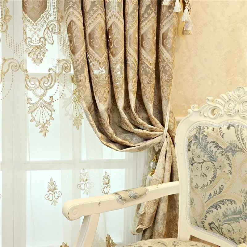 Rideaux occultants brodés en chenille beige, rideaux élégants, salon, fenêtres, chambre à coucher, luxe européen et américain, haute qualité