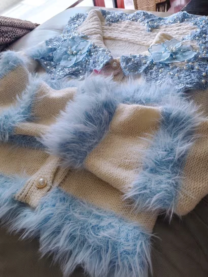 Luxe stijl dikke warme namaakbont gebreide wintertrui voor dames bloem kralen gebreide vest jas uitloper trui jas