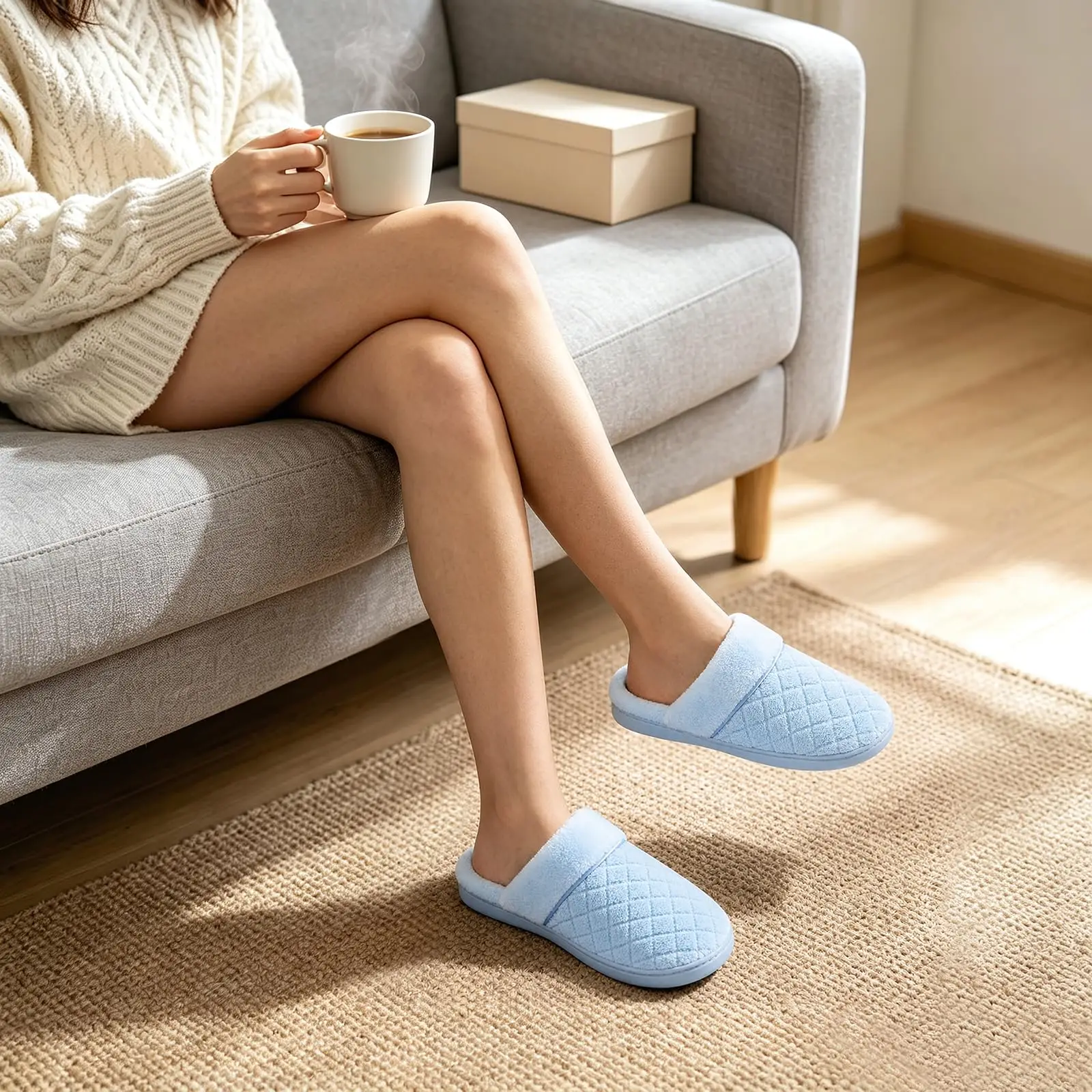 Shevalues Leichte Damen-Baumwollpantoffeln mit weicher Sohle, rutschfeste Hausschuhe, Memory-Schaum, Unisex-Schlafzimmer-Schuhe – Detail 12