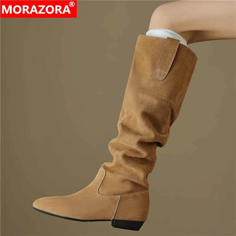 

MORAZORA 2026 New Cow Suede Genuine Leather Knee High Boots Women Low Heels Pleated Handmade Retro Western Boots