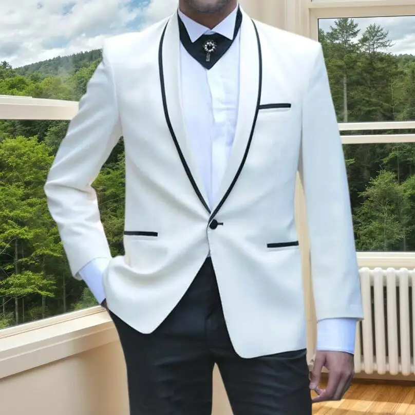 

2 Piece White Formal Wedding Men Suits Groomsmen Tuxedo Slim fit Suit Male with Shawl Lapel Man Fashion Jacket with Black Pants