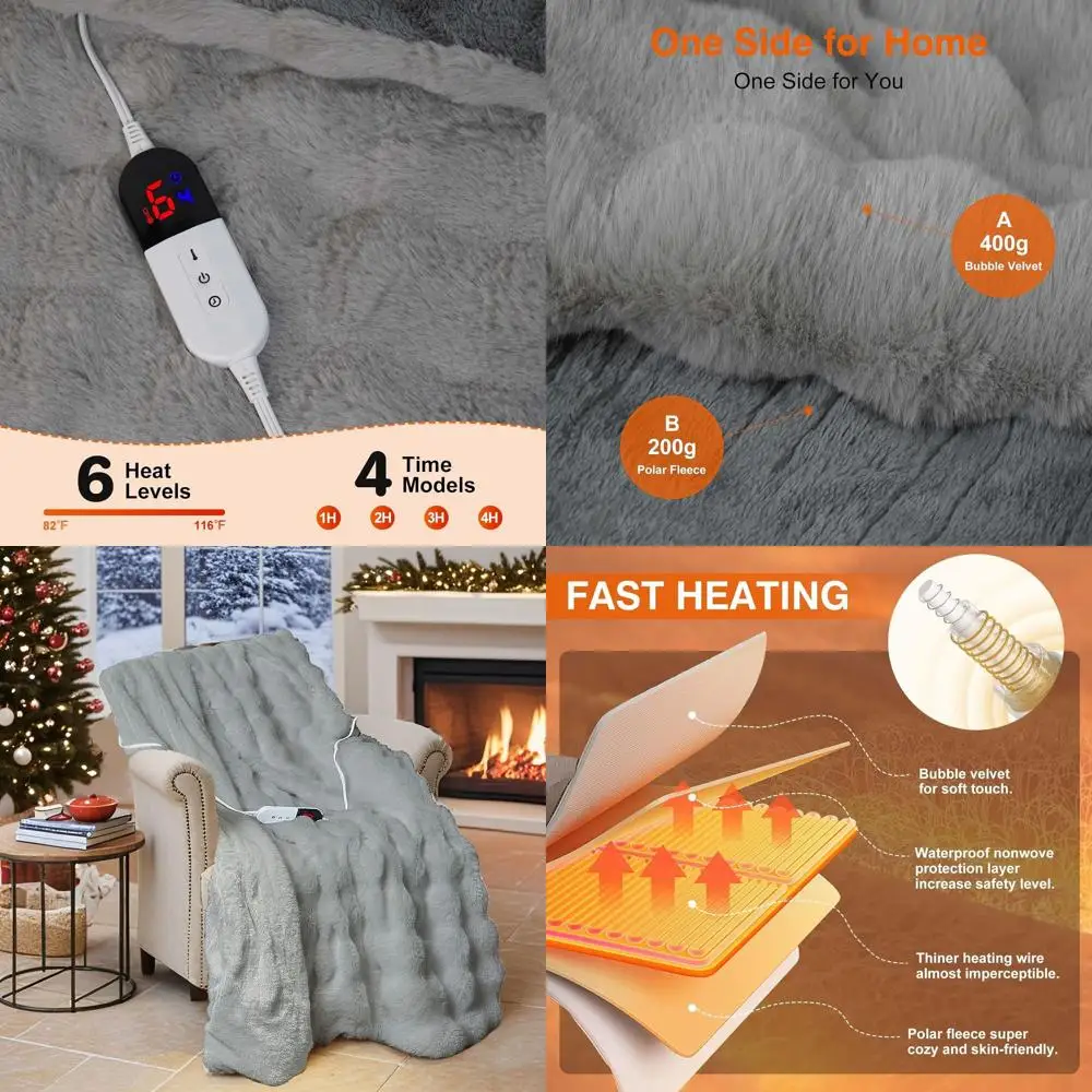 

6-Level Adjustable Electric Throw Blanket, 4-Hour Auto-Off, 50x60, Faux Rabbit Fur, Washable, Overheat Protection, ETL Certified