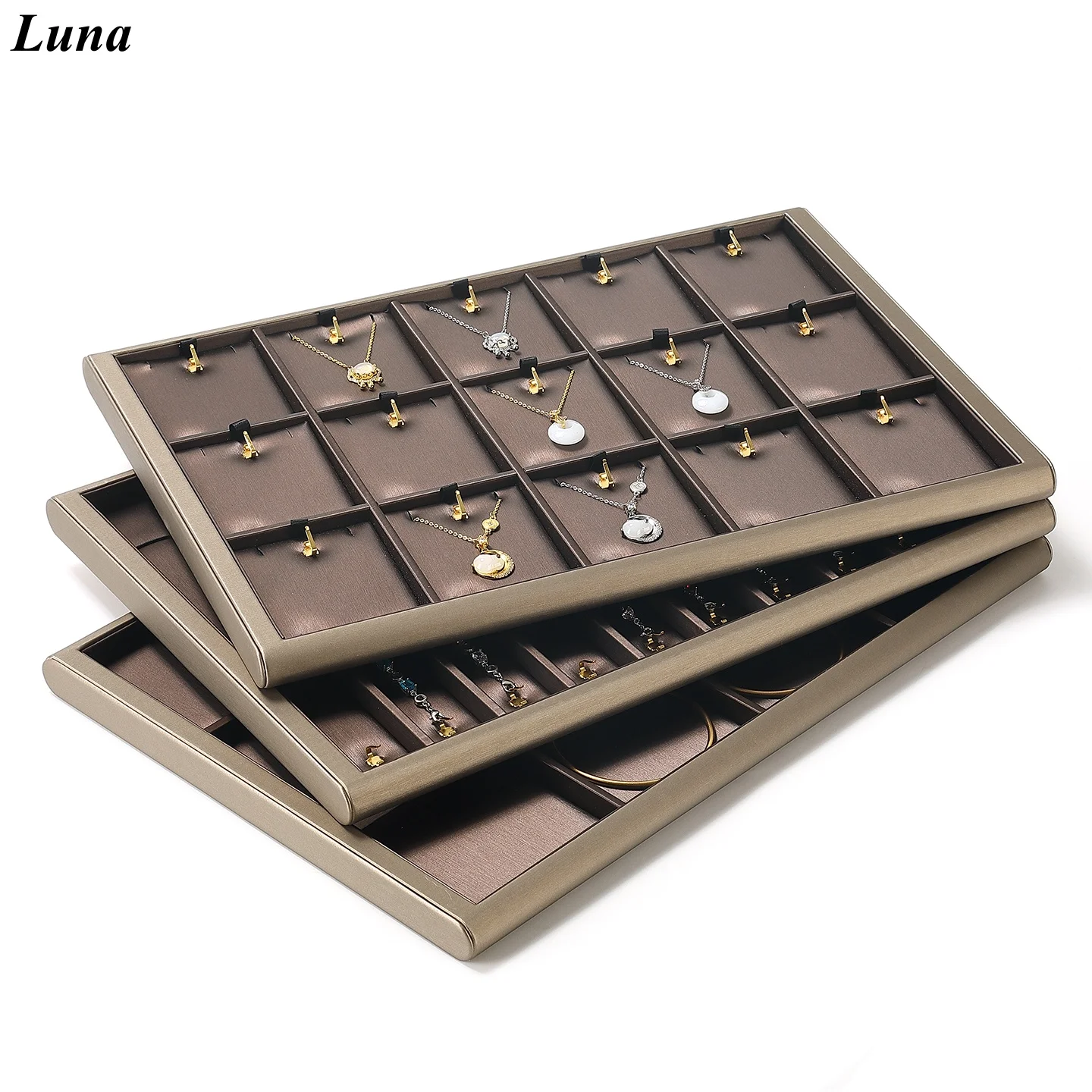 

Brown Color Jewelry Tray Rings Organizer Necklace Pendant Show Stand Bracelet Dispaly Holder Beads Storage Tray