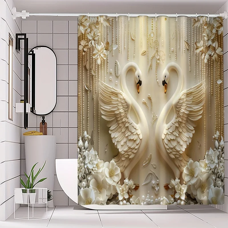 4pcs Waterproof 3D Printing Swan Bathroom Curtain Set Non Punching Bathroom Curtain Digital