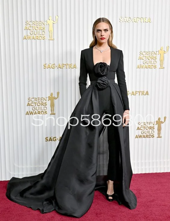 Black Long Sleeve Jumpsuit Runway SAG Awards Formal Gown Jenna Ortega Modern Remove Skirt Prom Party Dress Suit