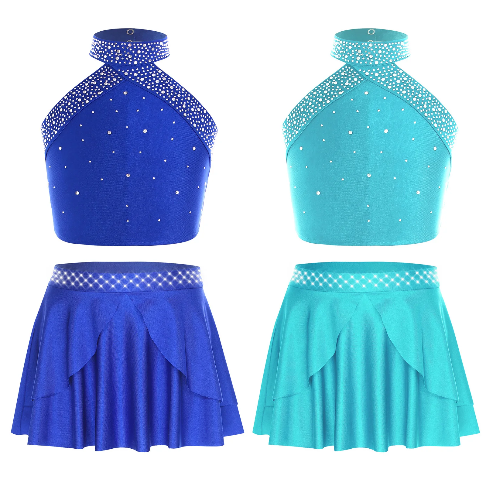 

Kids Girls Lyrical Dance Outfit Shiny Rhinestones Halter Neck Cross Back Crop Top+Irregular Hem Skirt for Figure Skating Ballet