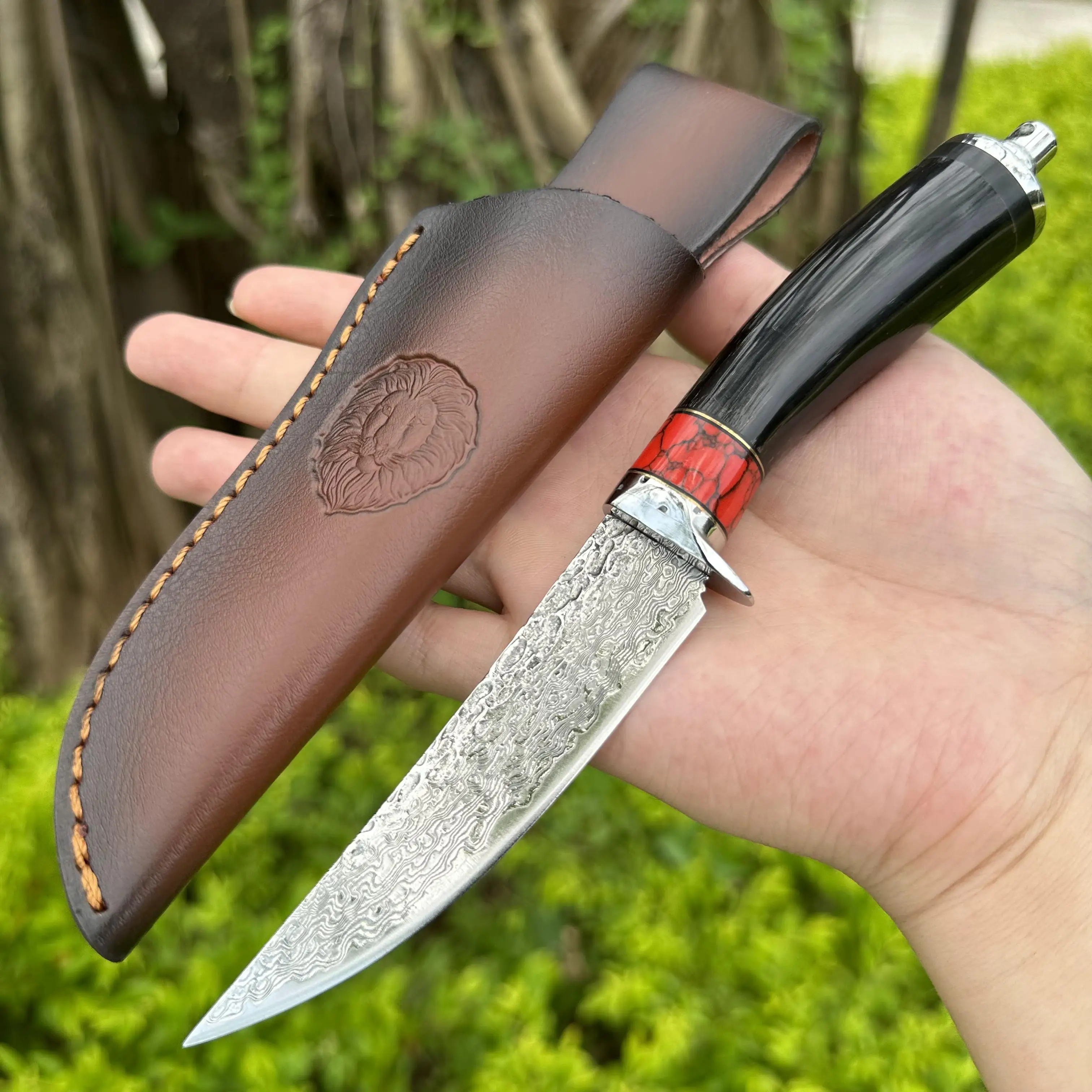 

Topwell Handmade Damascus Knife VG10 Forged Blade Buffalo Horn&Red Agate Handle Leather Sheath Perfect For Collection Outdoor