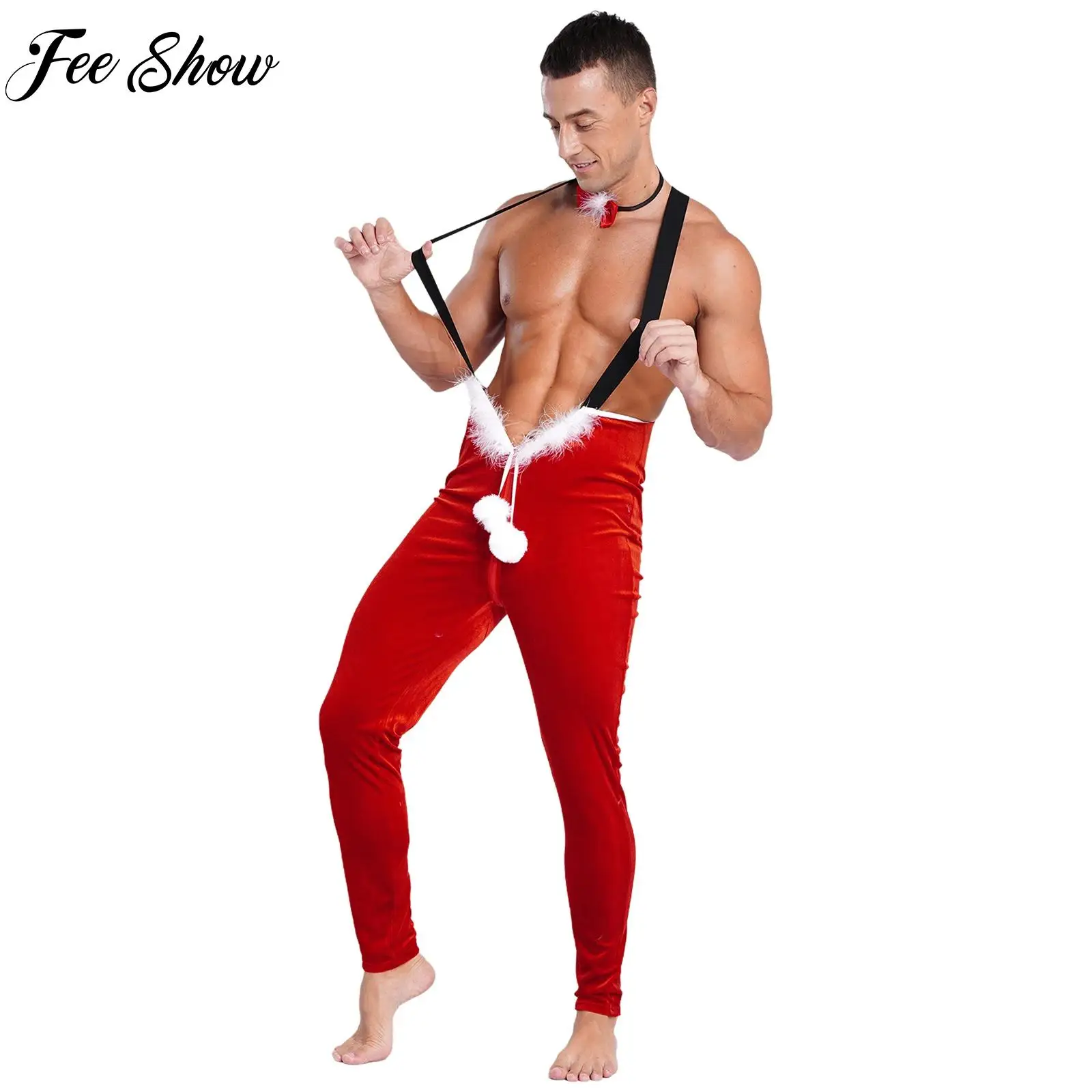 

Red Mens Party New Year Christmas Cosplay Stage Performance Costume Bodysuit Plush Ball Zipper Strap Jumpsuit+Bowknot Neckband