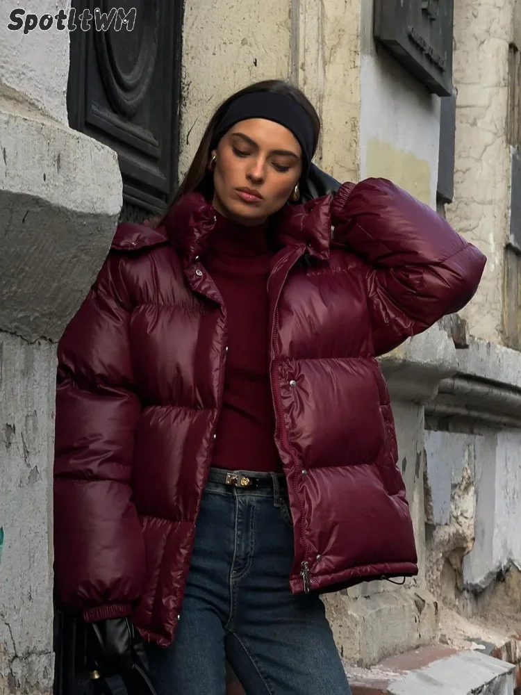 2024 Winter Burgundy Hooded Warm Cotton Coats Fashion Stand Collar Single Breasted Zipper Cotton Jacket Female Elegant Outerwear