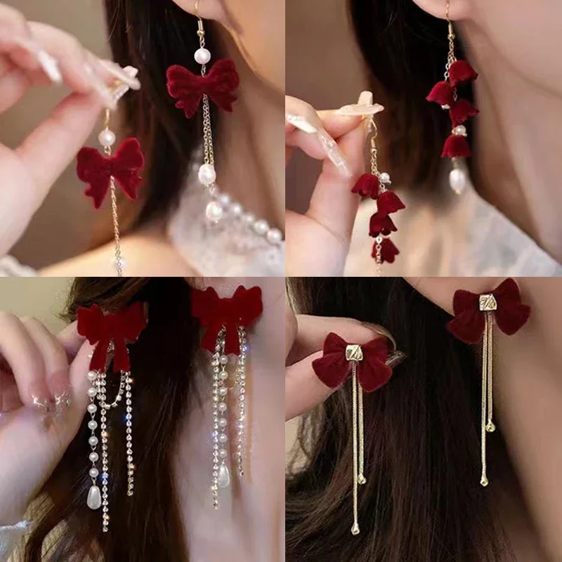 와인 레드 무리 활 진주 술 귀걸이 새로운 패션 트렌드 독특한 디자인 웨딩 쥬얼리 파티 선물
