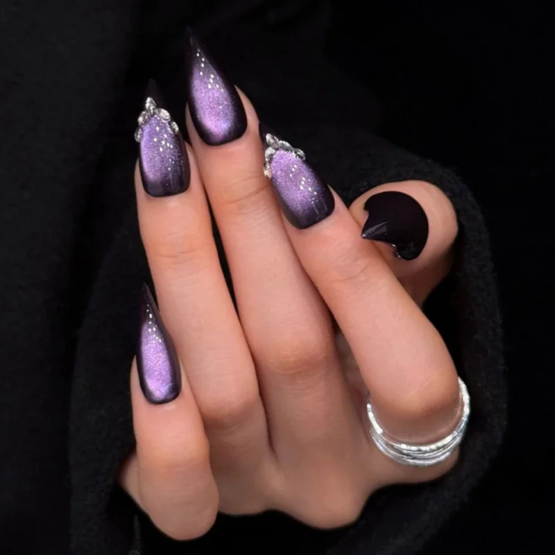 Curved Long Stiletto Dark Purple Cat Eye Press On Nails Crystal Rhinestone Gothic Glossy Cool Dark Aesthetic Reusable False Nail view 2