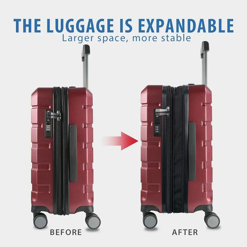 Expandable Hardside Spinner Luggage with TSA Lock, USB Port, 20 Burgundy Carry-On Suitcase