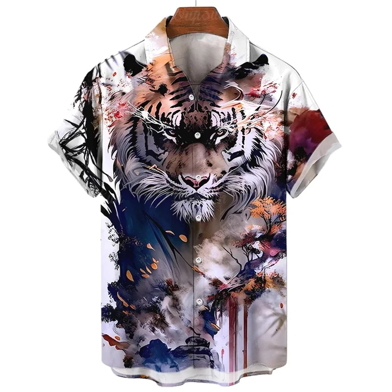 

Animal 3d Tiger Print Hawaiian Shirt For Men Fierce Beast Graphic Short-sleeved Casual Cool Tops Oversized Shirts Street Blouse