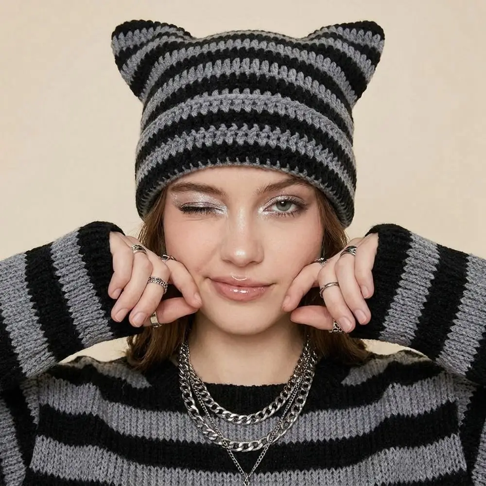 Cute Y2K Cat Ears Beanie Hats Warm Harajuku Little Devil Cap Ear Protection Gothic Stripe Knitted Hat Outdoor
