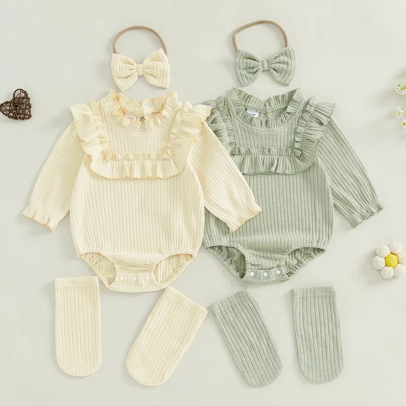 

0 to 18 Months Baby Girls Long Sleeve Bodysuit Spring Autumn Clothes Ruffled Round Neck Ribbed Jumpsuits Headband Socks