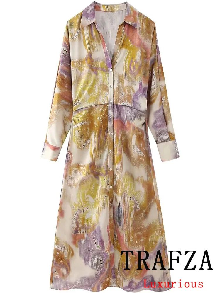 TRAFZA Vintage Casual Chic Women Dress Print Floral Turn-down Collar Long Sleeve Vestidos New Fashion 2024 Spring Holiday Dress