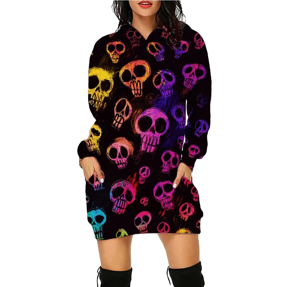 Halloween Colorflu Skull Printed Hoodie Dress Women's Daily Workout Hoodies Long Sleeve Pullover Autumn Winter Loose Tee Vestido