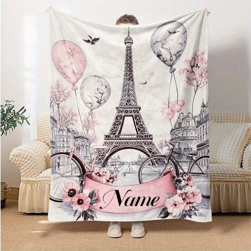 1Pc Personalized Paris Pattern Blanket Customized Name/Text Eiffel Tower Blanket Gift Home Decor Romantic Theme, Soft and Warm