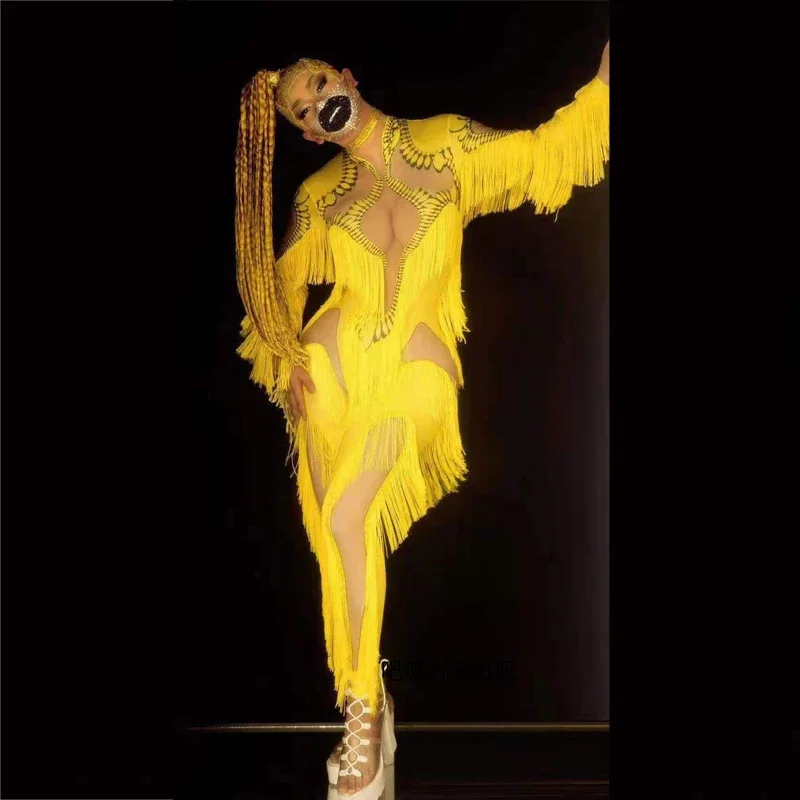 الهذيان الزي النساء جوجو راقصة زي الأصفر مهدب بذلة مثير القطب الرقص ارتداءها بار ملهى ليلي Ds Dj مرحلة الحفلات