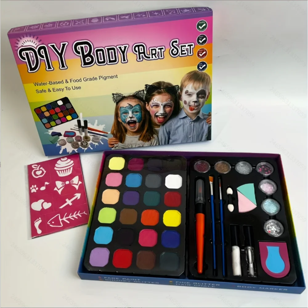 สีเพ้นท์หน้าและตัว 24 สี ละลายน้ำได้ สำหรับเพ้นท์หน้าและตัว ใช้สำหรับฮาโลวีน คริสต์มาส งานพรอม ละคร คอสเพลย์ แต่งหน้า