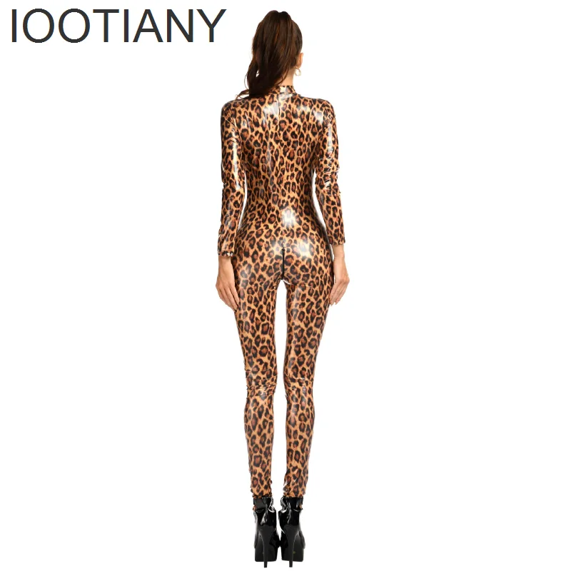 IOOTIANY Sexy Leopard Bodysuit Wet Look Faux Leather Catsuit Hot Erotic Women Zipper Open Crotch Jumpsuit Mistress Sex Costumes