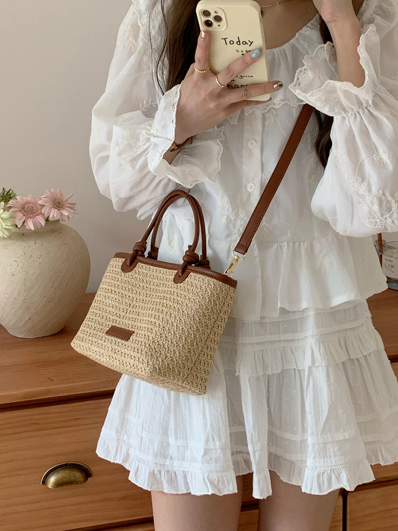 Summer Vacation Women\'s Beach Straw Shoulder Bag Retro Design Ladies Portable Crossbody Bags Knot Basket Woven Tote Handbags