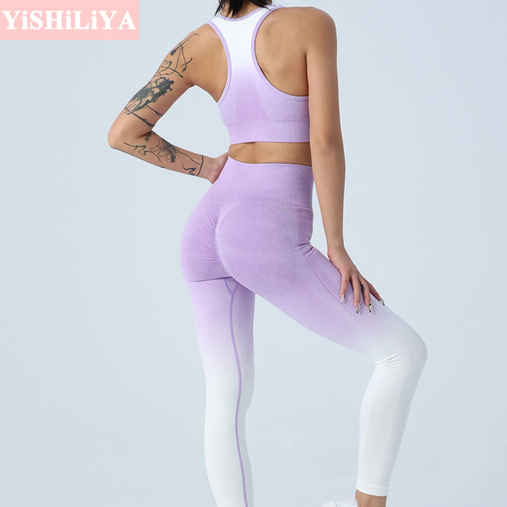 

Women's Yoga Seamless Gradient Set 2 Piece Sports Sexy Bra High Waist Tights Push Up Fitness Running Casual Wear