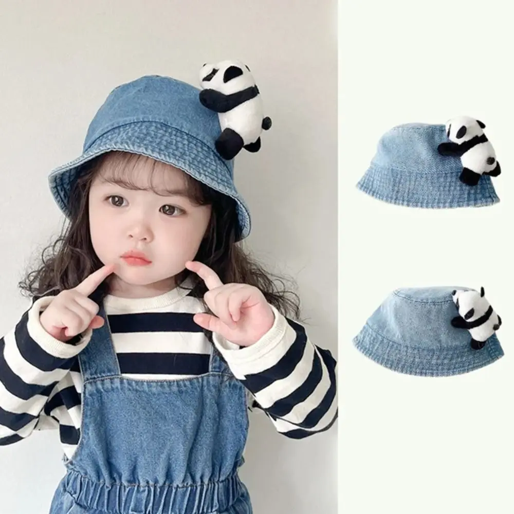 Casual Cartoon Panda Decoration Baby Bucket Cap Washed Denim Cotton Fisherman Hat Large Eaves Cowboy hat Kids