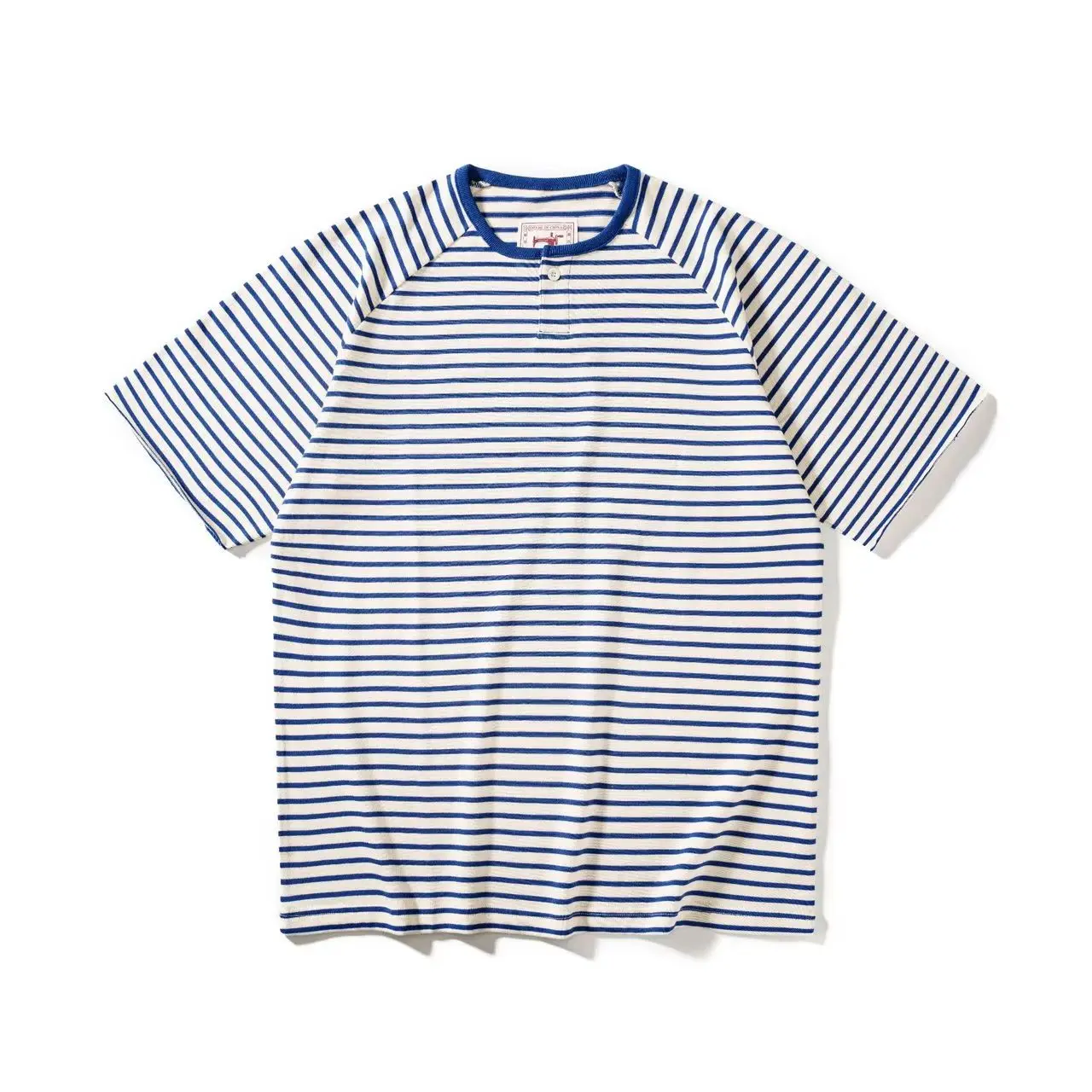 American Retro Sailor Shirt Men's Henley Collar Raglan Striped Short-Sleeved T-Shirt Summer Niche Design Curled T-Shirt