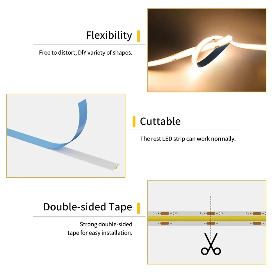 5V USB COB LED Light Strip Touch Dimmable High Density Flexible LED Tape Linear DIY Mirror TV Backlight Kitchen Bedroom Decor