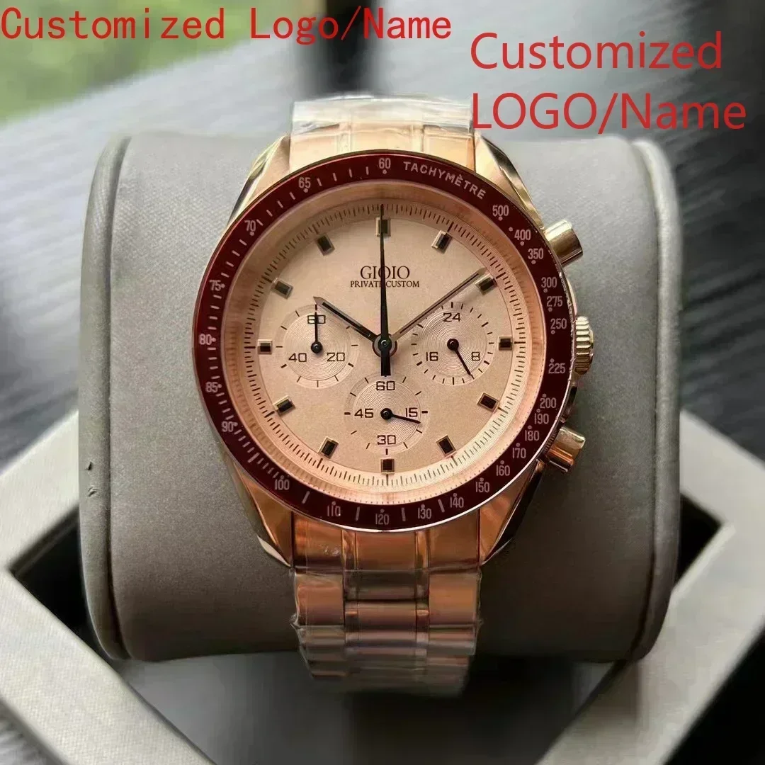 A88 Store Zegarek Męski Kwarcowy Chronograf Sportowy w Kolorze Różowego Złota i Zielonym, Mechanizm VK63, Stal Nierdzewna, Skórzany Pasek, Model 2023, Personalizowany