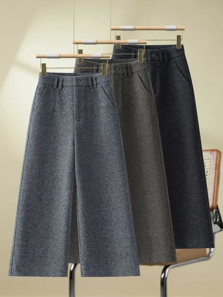 Profundo ey premium lã calças de perna larga feminina outono inverno thi calças de corte reto cintura alta ket detalhe commute sle