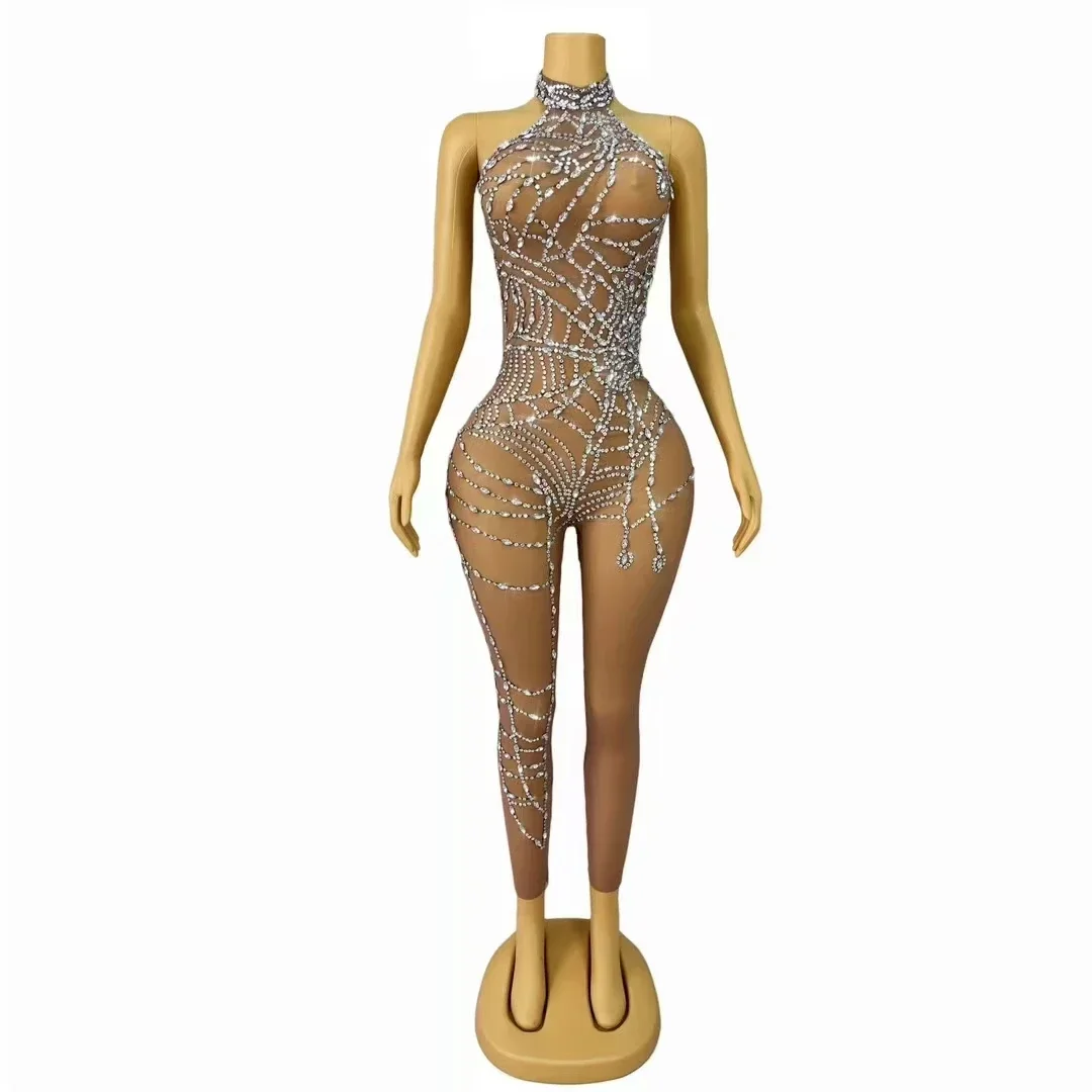 Sexy Sheer Mesh Rhinestones Tight Jumpsuit Bar Nightclub Pole Dance Leotard Women Dancer Singer Drag Queen Performance Costume