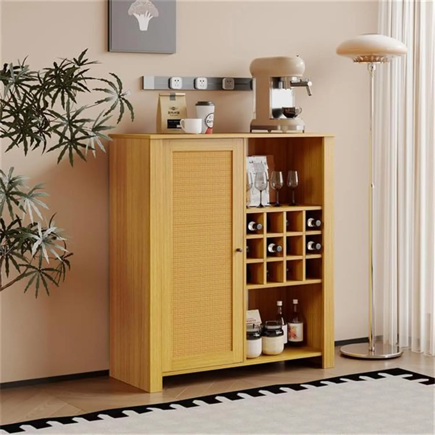 Multifunctional Storage Cabinet, Rattan Cabinet With 12 Wine Bottles Slots, Sideboard Buffet Cabinet, File Cabinet, Record