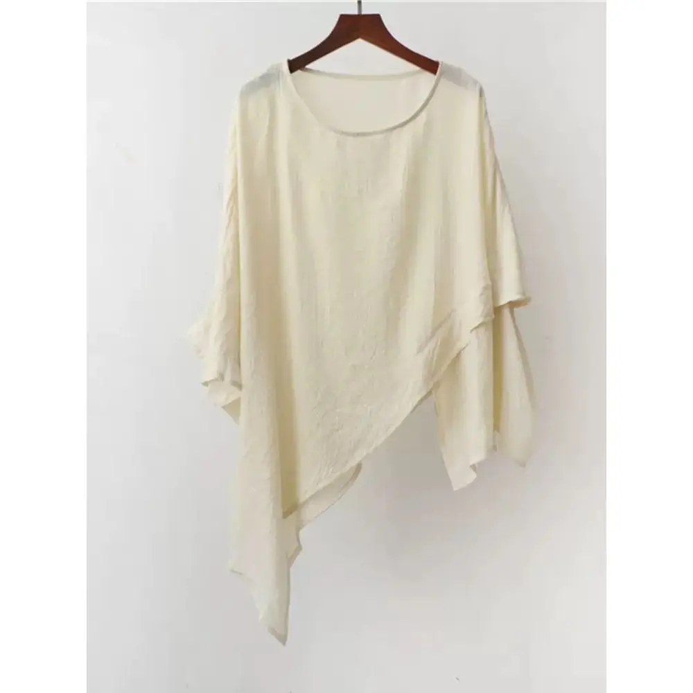 New Elegant Vintage Asymmetrical Round Neck Pagoda Sleeve Contrasting Colors Thin Style Loose Comfortable 3/4 Sleeve T-shirt