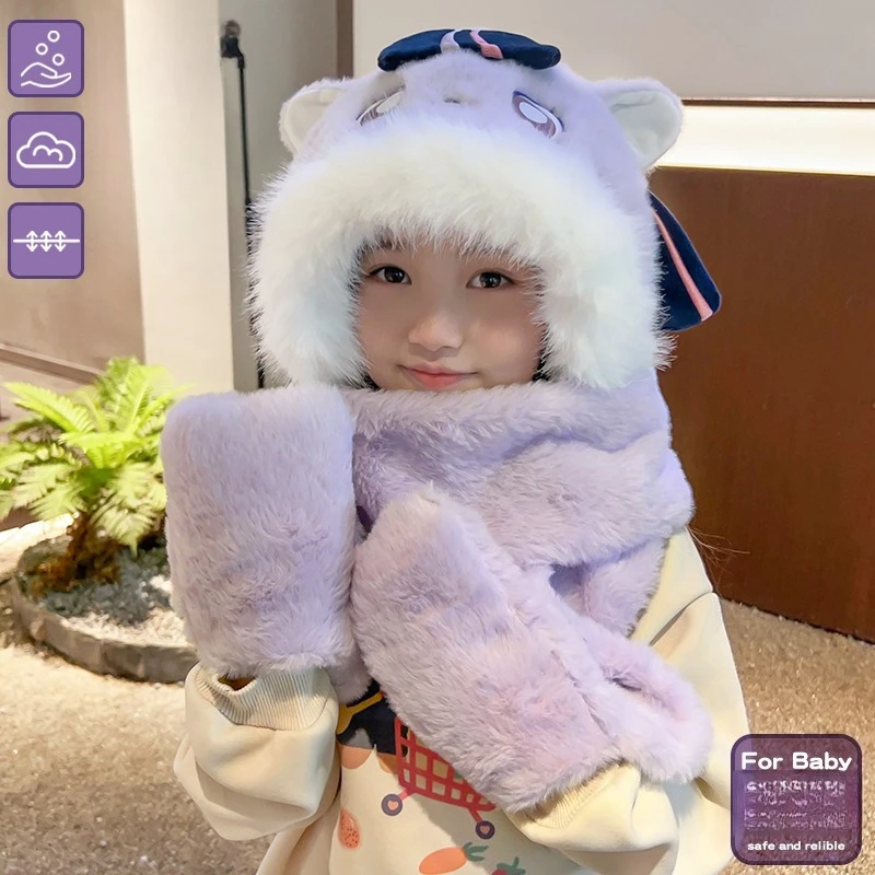 Miniso Little Pony الأطفال قبعة وشاح المتكاملة ثلاث قطع مجموعة للفتيات زائد الصوف سدادات حماية الأذن قبعة الباردة قبعة تدفئة