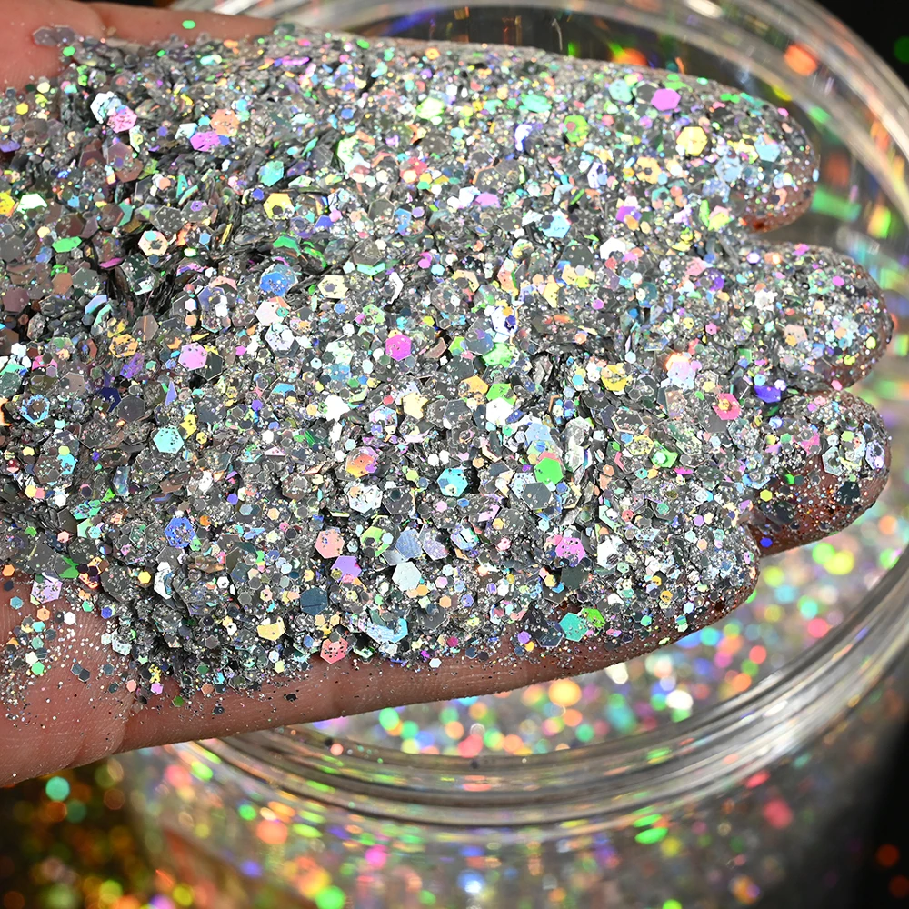 50G Holografische Gemengde Hexagon Vorm Chunky Irediscent Nail Art Glitter Vlokken Laser Sparkly Pailletten Plakjes Nail Art Decoratie