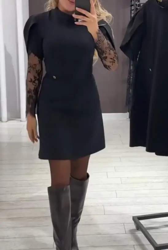 

Women Dresses 2026 Spring Autumn New Fashion Lace Splicing Sexy Solid Color Round Neck Long Sleeve Elegant Temperament Dress