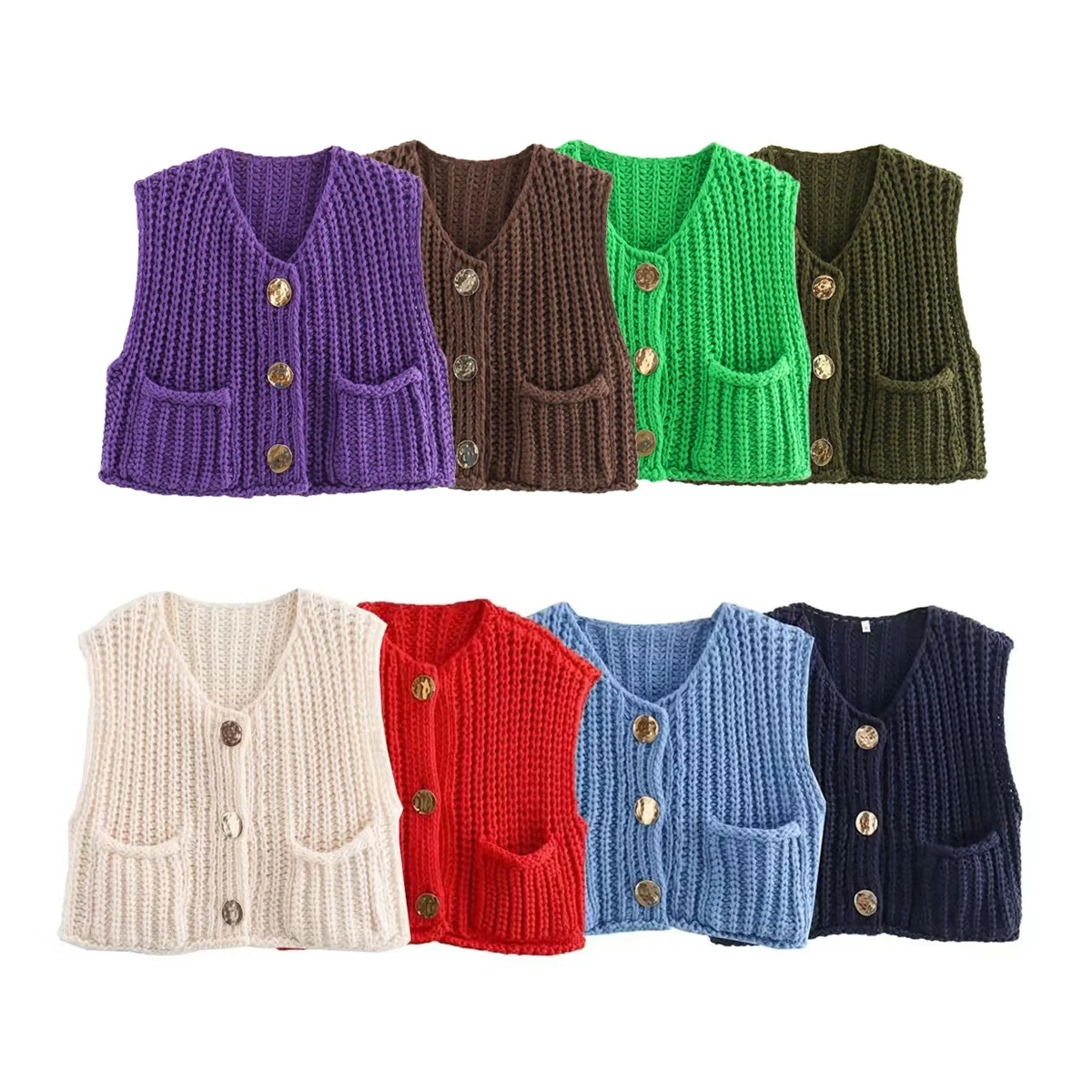 EDSA Women Knitted Cardigan Vest with Gold Buttons Y2K Female Sweater Waistcoat Single Breasted O-Neck Fashion Streetwear