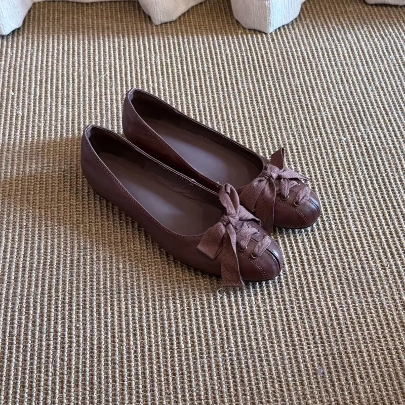 BANFANG Women's Shoes 2.5cm Bow Single Shoes Round Toe Shallow Mouth Ballet Flat Retro Genuine Leather Shoes For Woman