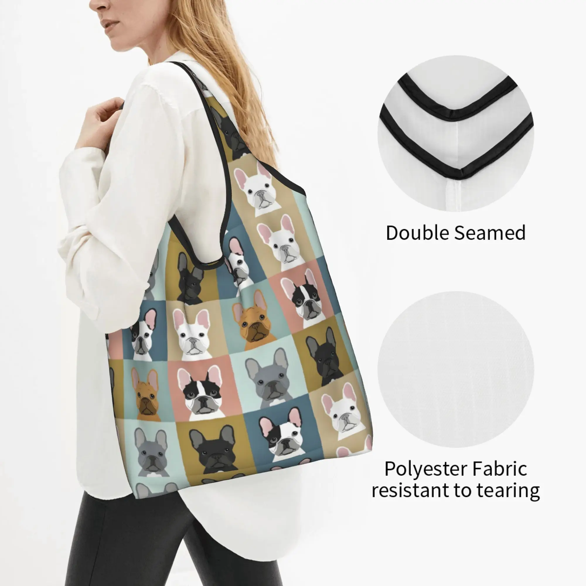 Funny Printed French Bulldog Portraits Pattern  Tote Shopping Bags Portable Shopper Shoulder Frenchie Dog Lover Handbag