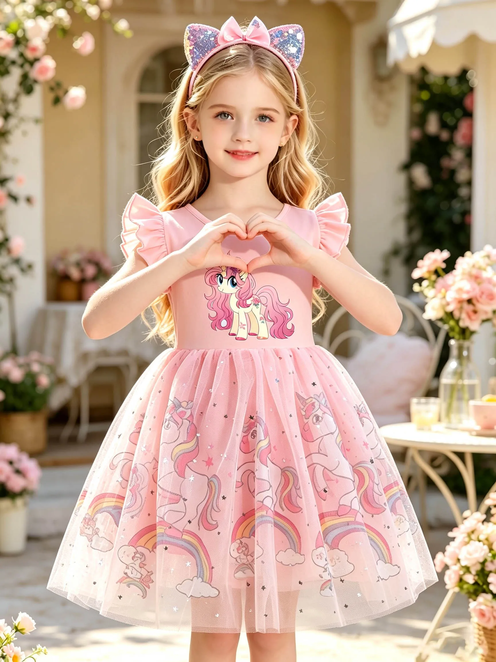 Rainbow Cloud Pegasus Fairy Dress for Kids, Girls' Summer Princess Dress with Ruffled Flutter Sleeves and Tulle