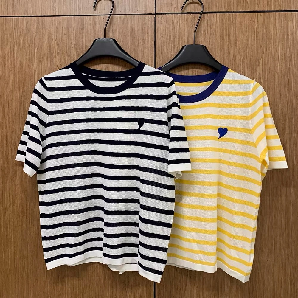 Verão feminino de malha camiseta camisola amor bordado listrado solto moda casual camisetas topos manga curta coreano senhoras jumpers